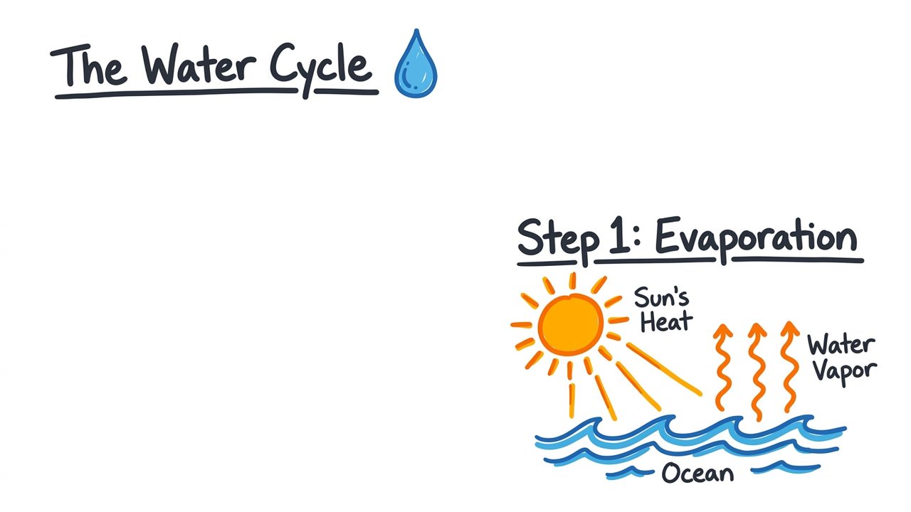 An Explainly whiteboard frame explaining the water cycle, drawn step by step