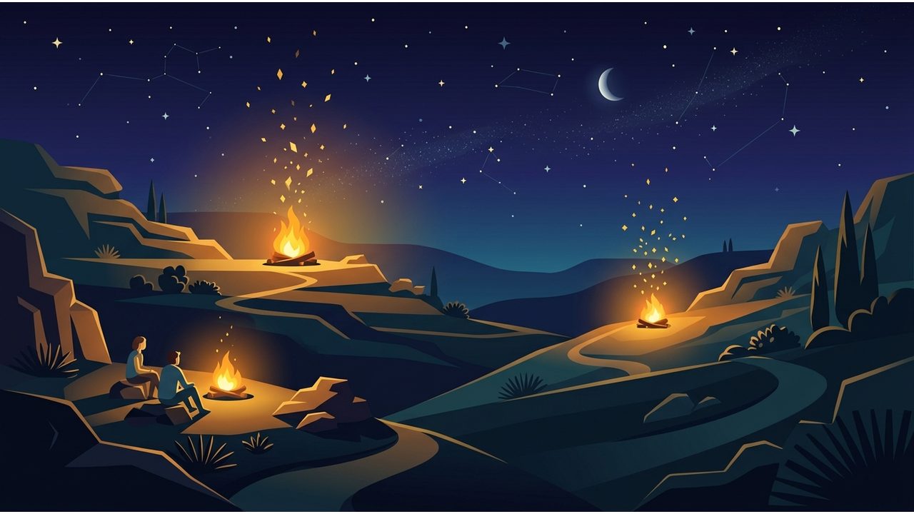A Slideshow scene — a full illustrated campfire night landscape